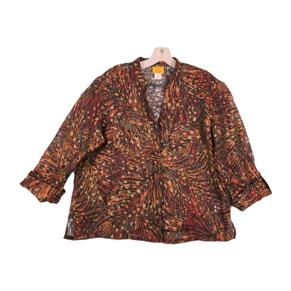 Ruby Rd Petite 14P Abstract Burnout Button Front Blouse Earth Tone 3/4 Sleeve